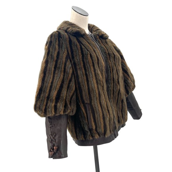 50s 60s Striped Faux Fur & Leather Criss Cross Cuff Puffed Sleeve Formal Coat - Picture 2 of 9